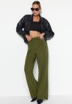 Wide Leg High Waist Woven Trousers - Dark Khaki