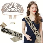 Queen Birthday Decoration Accessories Set Including Rhinestone Birthday Crown Elegant Sash For Birthday Party Dress Up Accessori