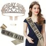 Queen Birthday Decoration Accessories Set Including Rhinestone Birthday Crown Elegant Sash For Birthday Party Dress Up Accessories