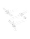 Silver Plated Cubic Zirconia Pearl Laurel Spray Flower Hair Clips 3-PACK