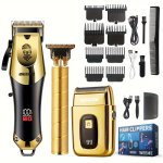 3PCS/SET Professional Golden Hair Clipper And Trimmer Set For Men - USB Rechargeable Haircut Kit With Lcd Display Including Elec