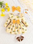 Baby's Casual Bow Decor Cartoon Bee Pattern Ruffled Long Sleeve Dress + Hairband Infant & Toddler Girl's Dress For Daily Wear ho
