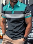 Men's Color Blocked Short Sleeve Lapel Golf Shirts Casual Style Slight Stretch Regular Fit Summer Tops Summer Golf Shirts