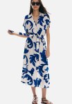 Tie-belt Shirt Dress - White & Blue Patterned
