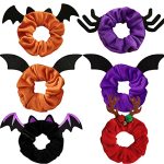 6PCS Halloween Hair Scrunchies Orange Hair Bands Pumpkin Hair Accessories Pumpkin Scrunchies Bat Demon Spider Web Hair Ties For