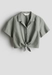 Linen-blend Tie-hem Shirt - Dusty Khaki Green