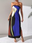 Color Block Tube Split Dress Elegant Strapless Vacation Style Dress For Spring & Summer Women's Clothing