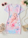Dreamy Tie Dye Pattern Princess Graphic Crew Neck Short Sleeve T-Shirt Dress For Summer Gift Party