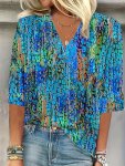 Allover Print V Neck Blouse Casual Three-quarter Sleeve Blouse For Spring & Summer Women's Clothing