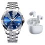 Blue Dial Men's Quartz Watch With Wireless Bluetooth Earbuds