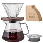 Shoxil Pour Over Coffee Maker Set V60 Drip Coffee Pot With Walnut Handle Glass Coffee Dripper & 100 Filters 20OZ 600ML Capacity