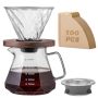 Shoxil Pour Over Coffee Maker Set V60 Drip Coffee Pot With Walnut Handle Glass Coffee Dripper & 100 Filters 20OZ/600ML Capacity