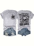 Skull Print T-Shirt Short Sleeve Crew Neck Casual Top For Summer & Spring Women's Clothing