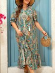 Plus Size Paisley Pattern Kaftan Dress Elegant V Neck Short Sleeve Ruffle Hem Dress Women's Plus Size Clothing