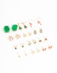 Goldair Gold Green Pom Pom & Candy Cane Stud Earrings 12-PACK