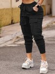 Women's Solid Color Cargo Joggers With Pockets High Elasticity Slim Fit Outdoor Pants Casual Drawstring Waist Trousers Athletic