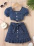 2PCS Denim Outfits Square Neck Puff Short Sleeve Top + Bow Skirt Set Kids Clothes For Girls Spring Summer Fall Gift K-pop