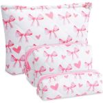 Paterr 3 Pcs Makeup Bag Quilted Cotton Cosmetic Pouch Set Cute Bow Floral Coquette Aesthetic Preppy Makeup Skincare Bag Travel T