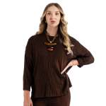Round Neck Cable Knit Top - Chocolate L xl