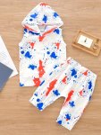 Boys Casual Graffiti Print Hooded Sleeveless Top & Shorts Set For Summer