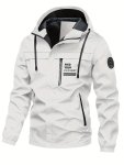 Letter Print "find Your Own Way" And Label Patchwork Men's Solid Hooded Long Sleeve Zip Up Windbreaker Jacket With Zippered Pock