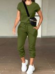 2 Pcs Solid Color T-Shirt & Pants Outfit Short Sleeve Crew Neck T-Shirt & Drawstring Jogger Pants Women's Clothing