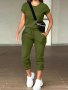 2 Pcs Solid Color T-shirt & Pants Outfit Short Sleeve Crew Neck T-shirt & Drawstring Jogger Pants Women's Clothing