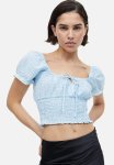 Puff-sleeved Smocked Blouse - Light Blue Checked