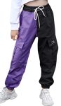 Sangtree Girl Pants Multi Pockets Elastic Waist Pull On Cargo Jogging With Drawstring Colorblock-purple Black 13-14 Years Toddle