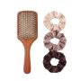 Wooden Paddle Hair Brush With 3 Satin Scrunchies