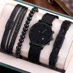 4PCS Black Sports Round Watch Calendar Indicator Quartz Watch With Nylon Strap And 3 Bracelets Gift For Son Husband Father Best