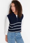 Zippered Striped Polo Neck Knit Sweater - Navy Blue