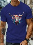 Abstract Bull Print T-Shirt Versatile & Breathable Street Fashion For Men Simple Lightweight Comfy Top Casual Crew Neck Short Sl