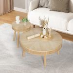 Wnutrees Farmhouse Round Coffee Table Rustic Sofa Side Tea Tables Nesting Center Table Set With Handmade Rattan For Living Room