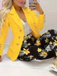 Elegant Stylish Two-piece Set Solid Open Front Long Sleeve Blazer & Floral Print Wide Leg Pants Outfits Women's Clothing