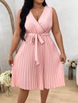 Plus Size Solid Color Pleated Belted Dress Elegant Surplice Neck Sleeveless Dress For Summer Women's Plus Size Clothing
