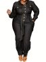 Plus Size Denim Style Long Sleeve Belted Jumpsuit Women's Plus Button Lapel Collar Jumpsuit With Pockets