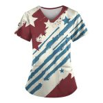 4TH Of July Scrubs For Women V Neck Short Sleeve Printed Tops Cartoon Pattern Plus Size Nursing With Pockets Beige S