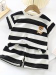 2PCS Boys Fashion Black And White Striped Breathable Short Sleeve Round Neck Shirt With Cartoon Bear Patch & Shorts Set For Summ