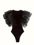 Solid Crew Neck Contrast Mesh Bodysuit Casual Flutter Sleeve Bodysuit Women's Clothing