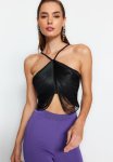 Tassel Detail Halter Strap Top - Black