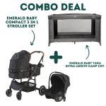 Emerald Baby Compact 3 In 1 Stroller Set With Car Seat & Nappy + Emerald Baby Yara Extra Length Camp Cot - Khaaki Stroller