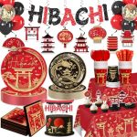 Wellspar Hibachi Party Decorations For 25 Guests 230PCS All-in-one Red Gold Japanese Chinese Party Decorations Set With Banner B
