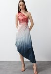 Asymmetrical Pleat Detailed Knitted Elegant Evening Dress - Multi