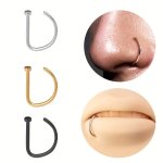 3PCS SET Fake Nose Piercing 20G D Shaped Tragus Helix Stud Earring Hoop Septum Lip Ring Stainless Steel Nostril Body Jewelry
