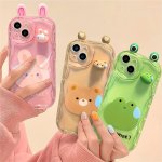 Cute Cartoon 3D Transparent Pink Rabbit Green Frog Brown Bear Wavy Border Protector Phone Soft Phone Case For Iphone 15 14 13 12