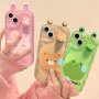 Cute Cartoon 3D Transparent Pink Rabbit Green Frog Brown Bear Wavy Border Protector Phone Soft Phone Case For Iphone 15 14 13 12 11