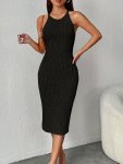 Ribbed Halter Neck Dress Elegant Sleeveless Dress For Spring & Summer Women's Clothing
