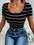 Striped Print Crop T-Shirt Casual U Neck Short Sleeve Top Women's Clothing