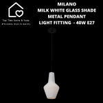 Milano Milk White Glass Shade Metal Pendant Light Fitting - 40W E27 Small